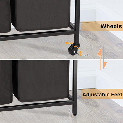 Timberer Laundry Hamper, Laundry Sorter 3 Section, Rolling Laundry Basket with Wheels, 2 Shelves, 3 × 14.5 Gal, Pull-Out and Removable Oxford Fabric Bags, for Laundry Room, Black and Rustic Brown