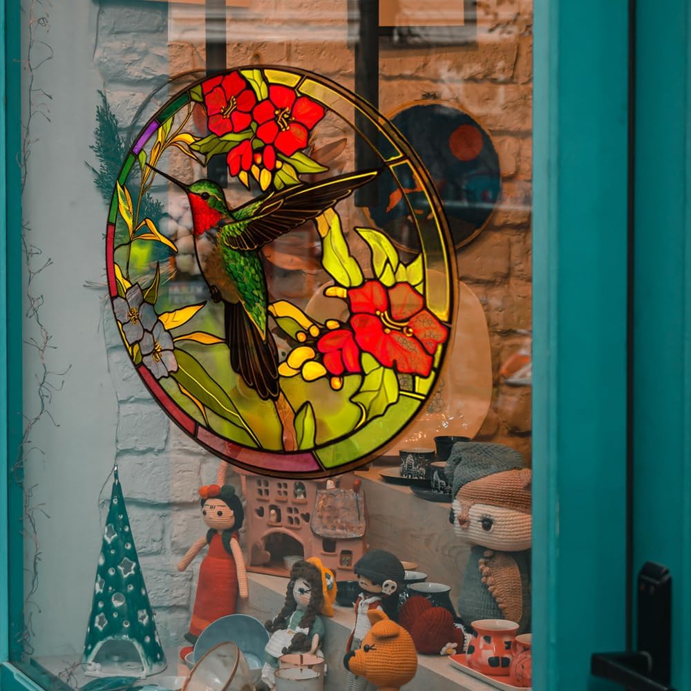 Hummingbird Static Glass Clings, Window Decals for Home Decor, Reusable Flower and Bird Design