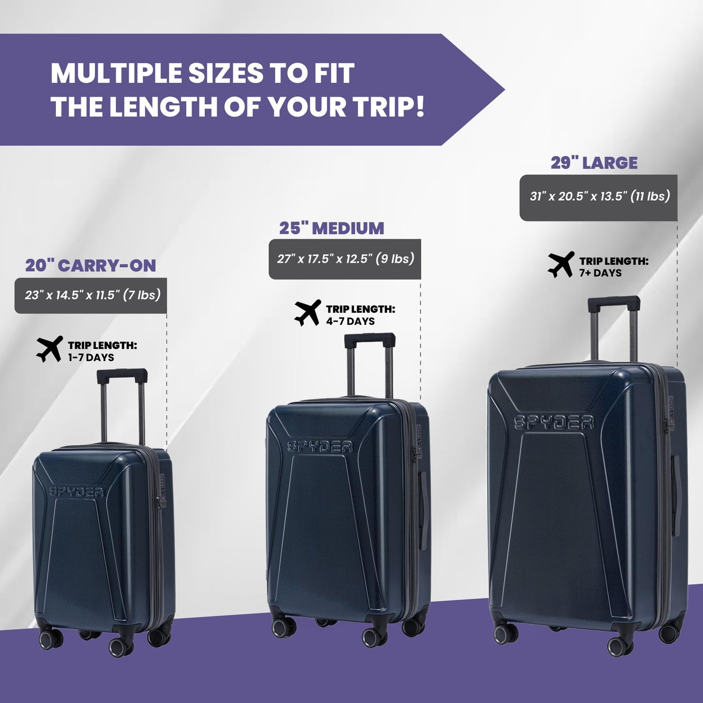 Spyder Traverse 3 Piece Carry On & Checked Suitcase Set with 360° Spinner Wheels, TSA Approved Lock (20 Inch, 25 Inch, 29 Inch), Deep Blue