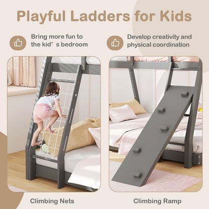 KOTEK Twin Over Queen Bunk Bed, House Bunk Beds with Climbing Nets and Ramp, No Box Spring Needed, Solid Wood Low Bunk Bed Frame for Kids Boys Girls (Grey)