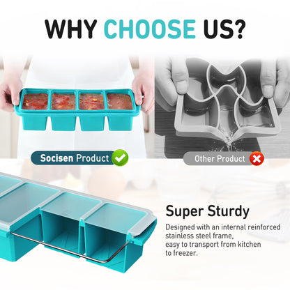 Silicone Freezer Tray With Lid Soup Freezer Container Molds with Steel Reinforced Rim Ice Cube Freezer Molds for Soup, Sauce, Leftovers, Homemade Meal Prep Containers Portion Control Food Storage