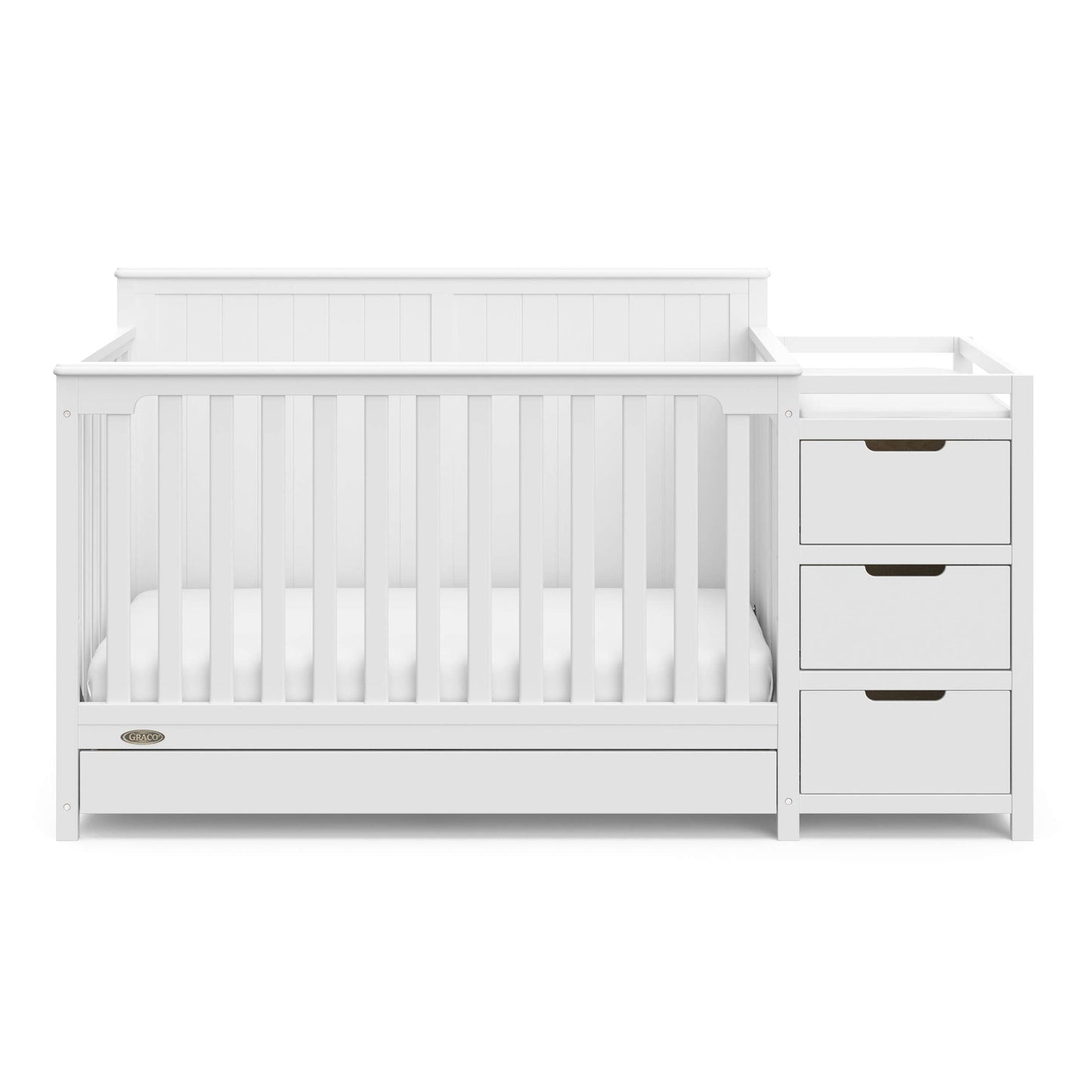 Graco Hadley 5-in-1 Convertible Crib & Changer – GREENGUARD Gold Certified, Fits Standard Crib Mattress, Converts to Toddler Bed and Full Bed, 4 Adjustable Mattress Heights (White)