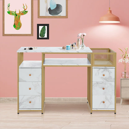 BarberPub Marbling Texture Nail Acetone Resistant Desk, Manicure Table with Metal Frame, Nail Salon Station Beauty Storage Organizer 2425 (White)