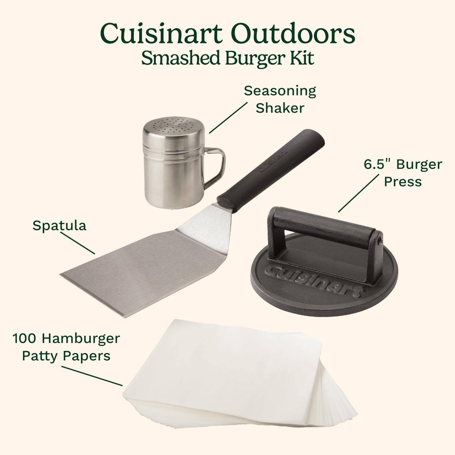 Cuisinart Smash Burger Kit, Cast Iron Press, Spatula, Seasoning Shaker and Patty Papers for Perfect Cookouts, Barbecues and Tailgates