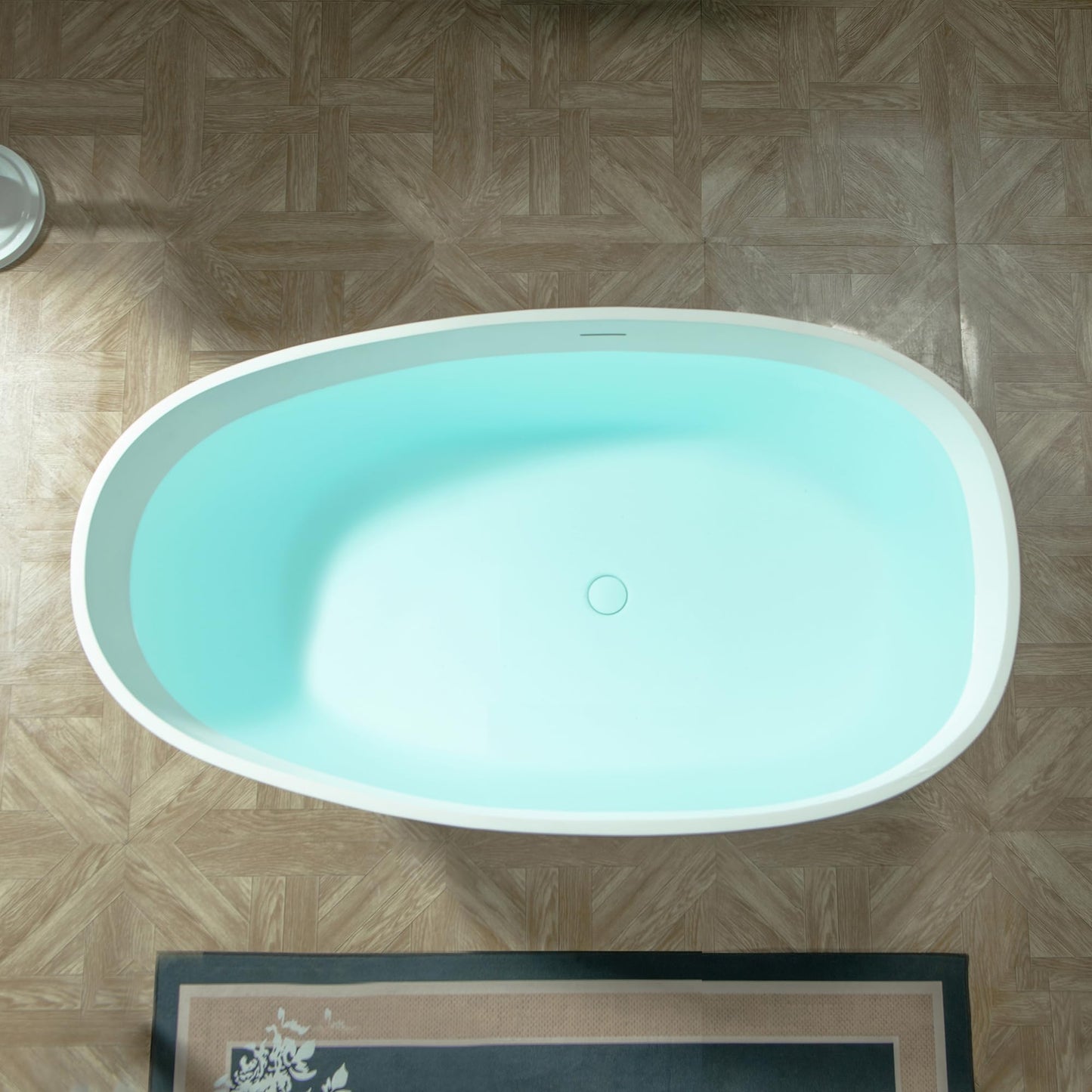 WOODBRIDGE 59" Egg-Shaped Solid Surface Freestanding Soaking Tub, Modern Oval Stone Resin Bathtub with Integrated Slotted Overflow & Drain, Matte White, EST0701