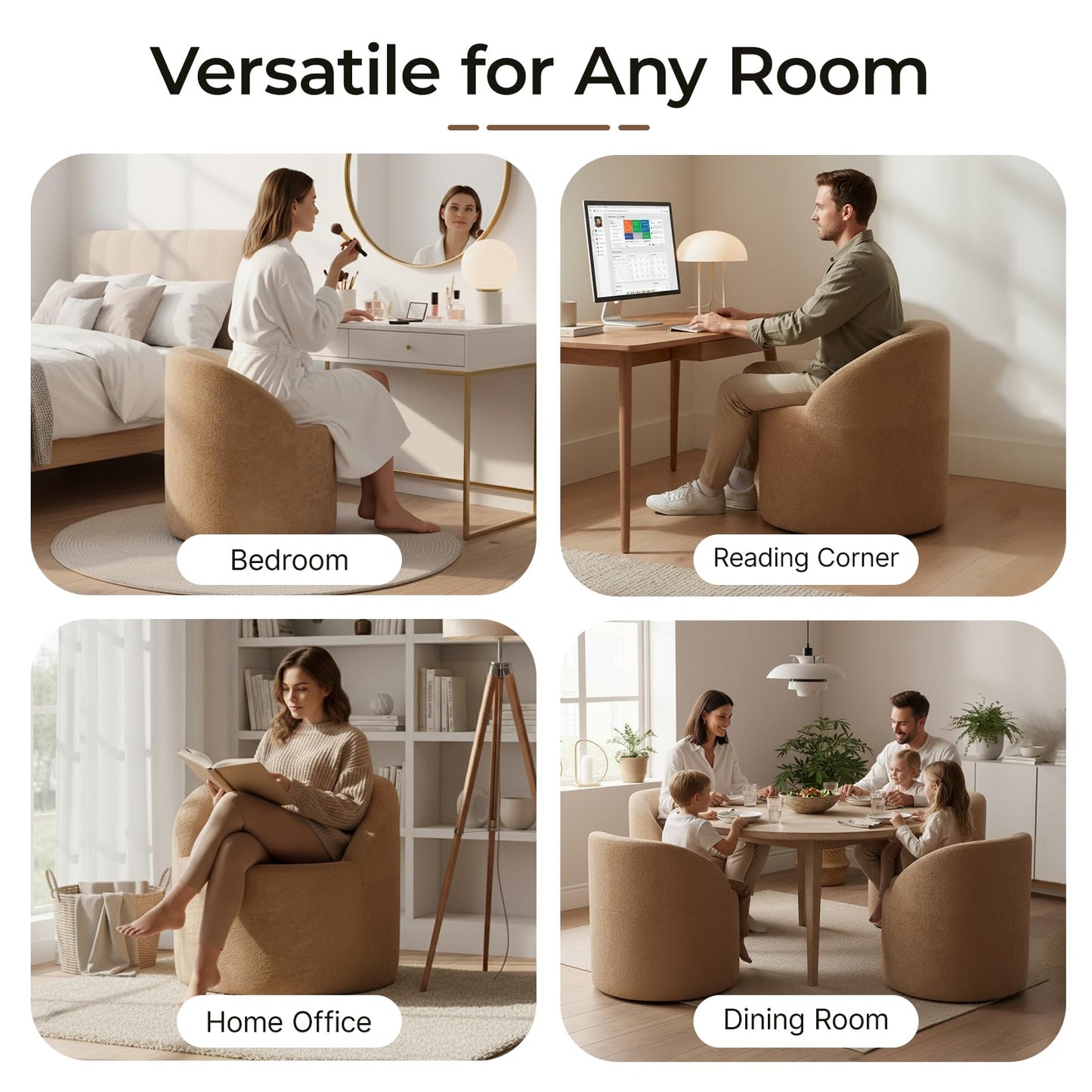 Barrel Accent Chair, Modern Chenille Reading Chair with Ergonomic Curved Back, Round Supportive Armchair for Living Room, Bedroom, Reading Corner & Office, No Assembly Required, Camel