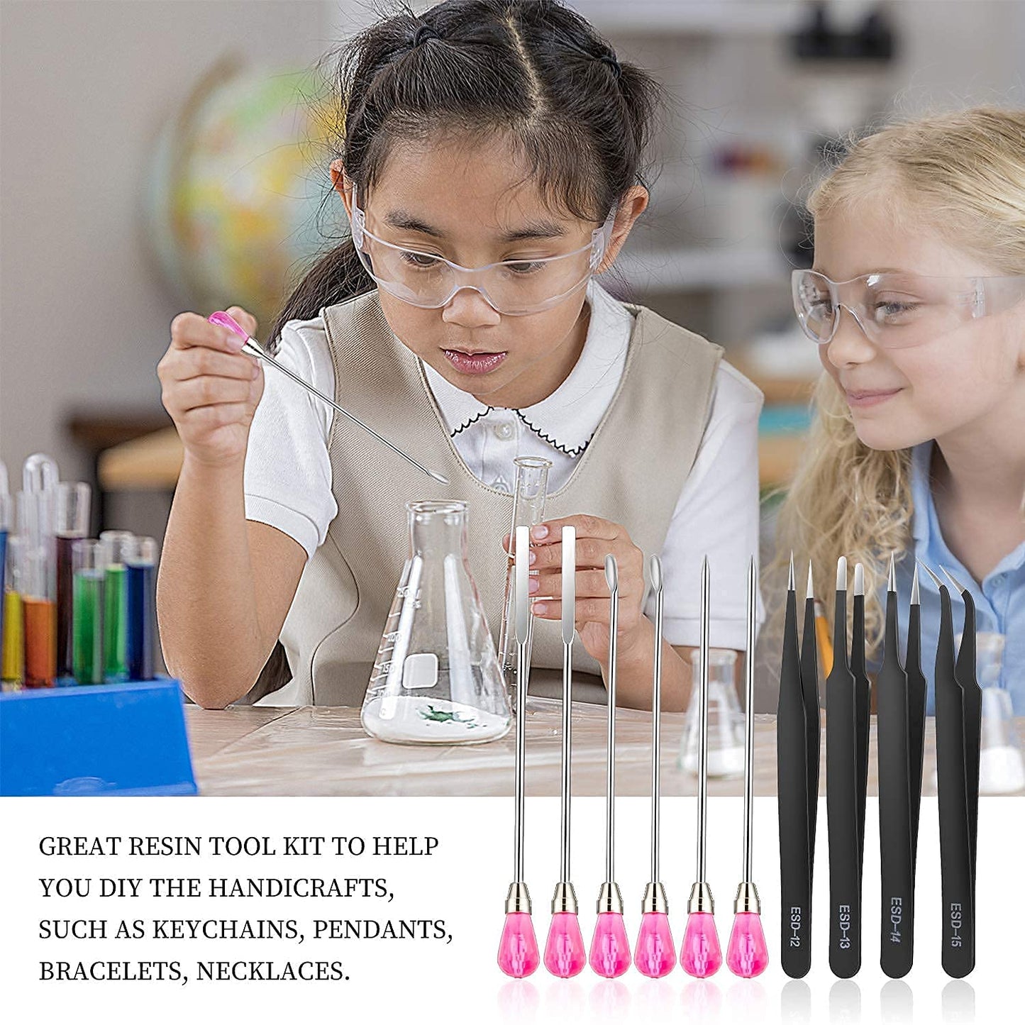 11 Pcs Silicone Resin Mold Tools Set Stirring Needle Spoon Tool Tweezers Precision Kit, Anti-Static Electronics Tweezers Set for Resin Art Crafts,Jewelry Making,DIY Epoxy Casting Molds(Rose Red)