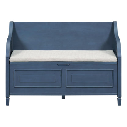 Brisca Rustic Style Storage Bench with Safety Hinge,Solid Wood Entryway Multifunctional Shoe Stool,W/Removable Upholstered Cushion,for Foyer,Bedroom,Antique Navy+Beige