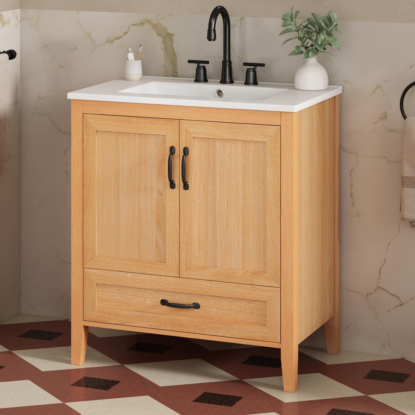 Christopher Knight Home Tessa 30" Bathroom Vanity with Ceramic Sink, Wooden Storage Cabinet with Adjustable Interior Shelf, Bathroom Organizer with Soft-Close Double Doors & Bottom Drawer, Wood