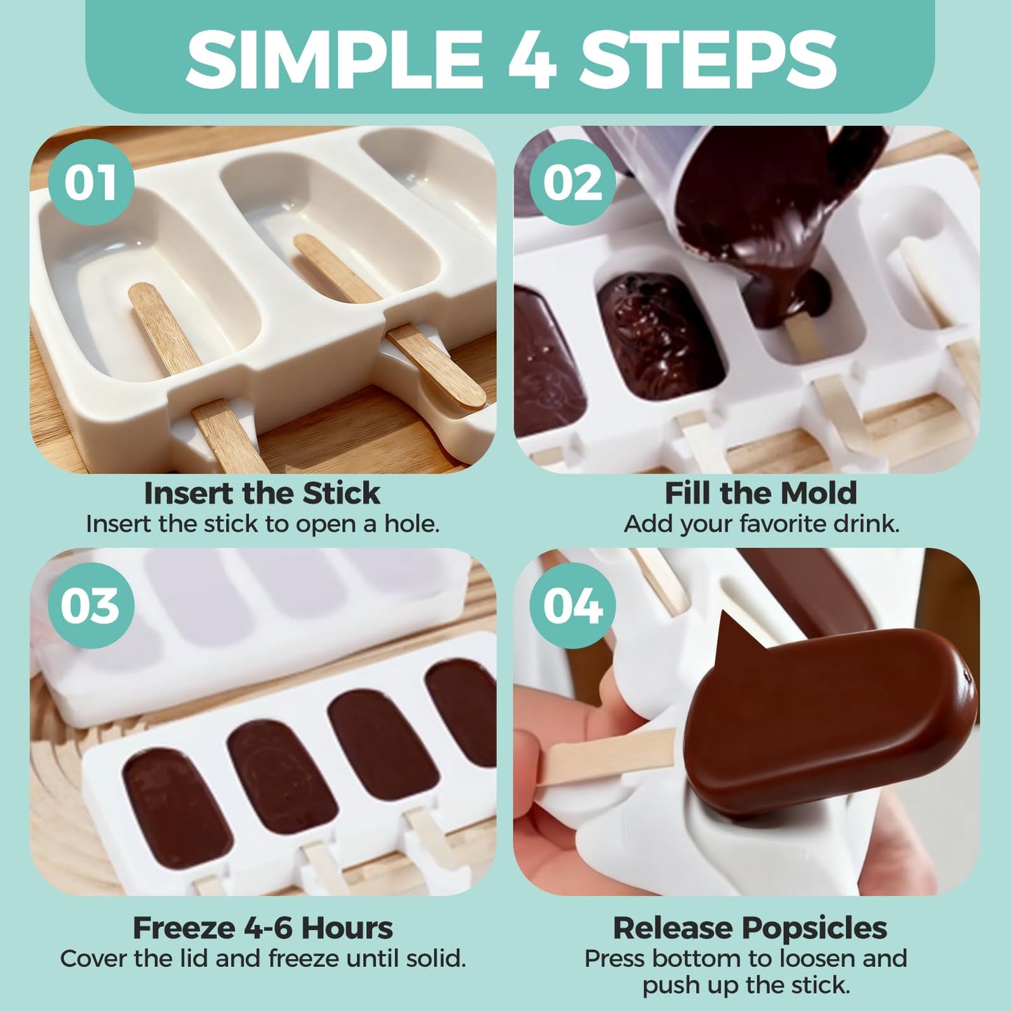 3 Set Popsicles Molds with Lids, Large Cake Pop Mold Cakesicle Mold 4 Cavities with 100 Wooden Sticks, Silicone Reusable Ice Pop Molds for Cake Pops, Ice Pops, Cakesicles, Ice Cream, White