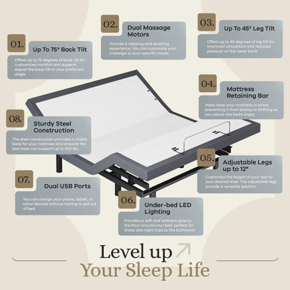 Sven & Son Classic Adjustable Bed Base, Head and Foot Lift, Massage, Under-Bed Lights, USB, Gel Memory, Zero Gravity Smart Frame - Full + 12 inch Memory Foam Matt (Medium)