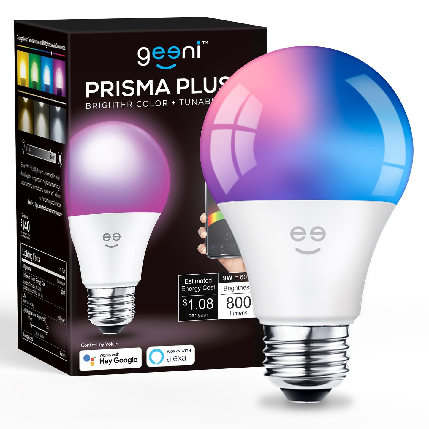 Geeni Prisma Plus 800 Dimmable Smart Light Bulbs with 2.4 GHz Wi-Fi Connectivity – Color-Changing & Tunable White, A19 LED Smart Bulb – Works with Alexa & Google, 4-Pack