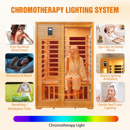 EAGLE PEAK 2 Person Low EMF Far Infrared Sauna, Red Light and Chromotherapy Lighting, Bluetooth Speakers, USB Port, Indoor Dry Heat Sauna, Canadian Hemlock Wood, Brown