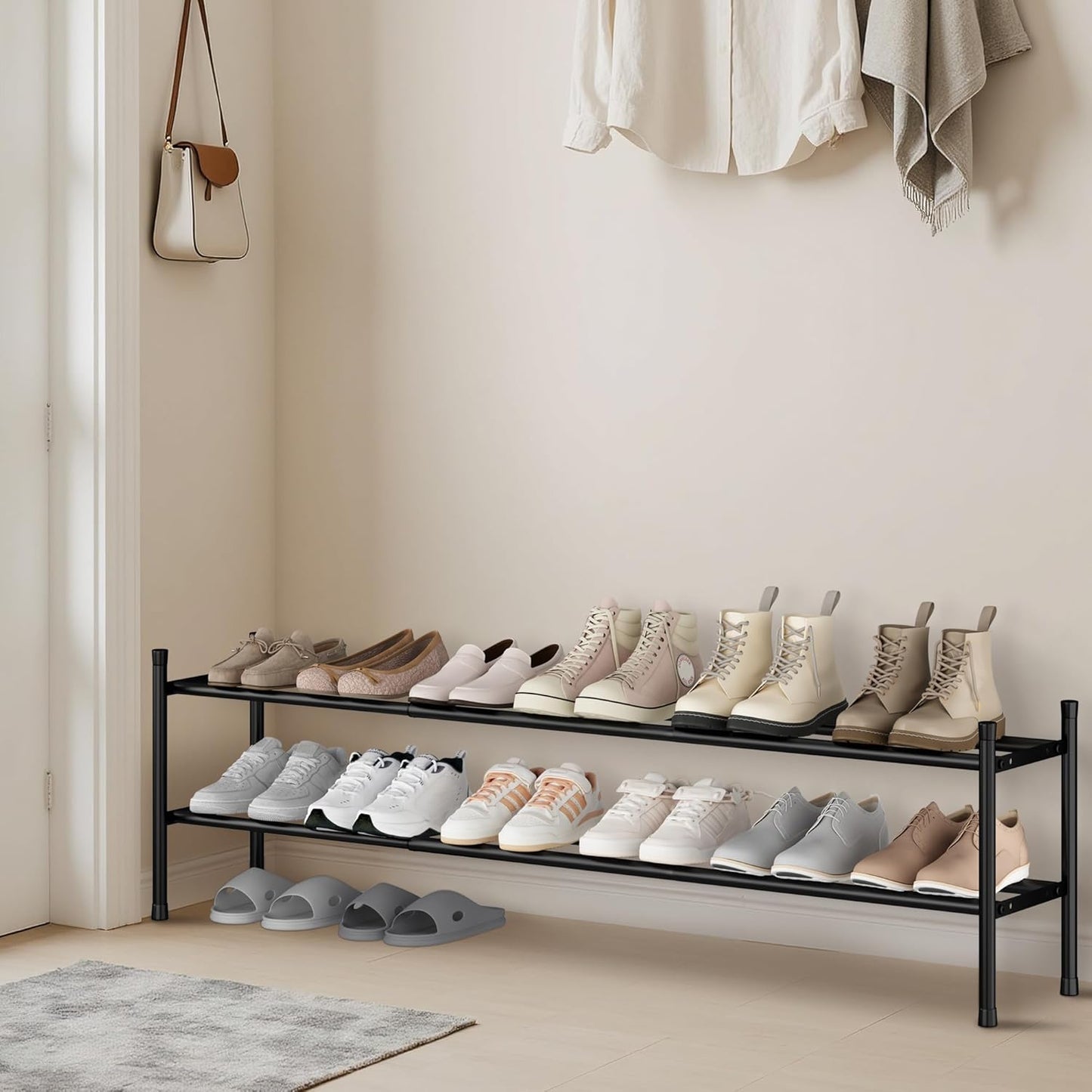 12 Closet, 2 STORAGE MANIAC Long Expandable Shoe Rack, Pairs Metal Wide Stackable Shoe Rack, Adjustable Shoes Shelf