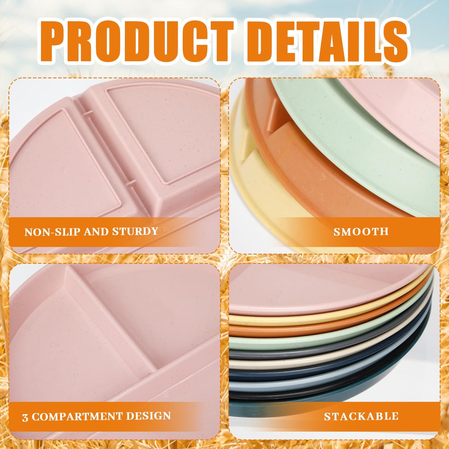 Acellegic 20 Pcs Plastic Divided Plates with 3 Compartments for Adult 9 Inch Portion Control Plates 10 Colors Reusable Unbreakable Dinnerware Lightweight Food Separator (Round)