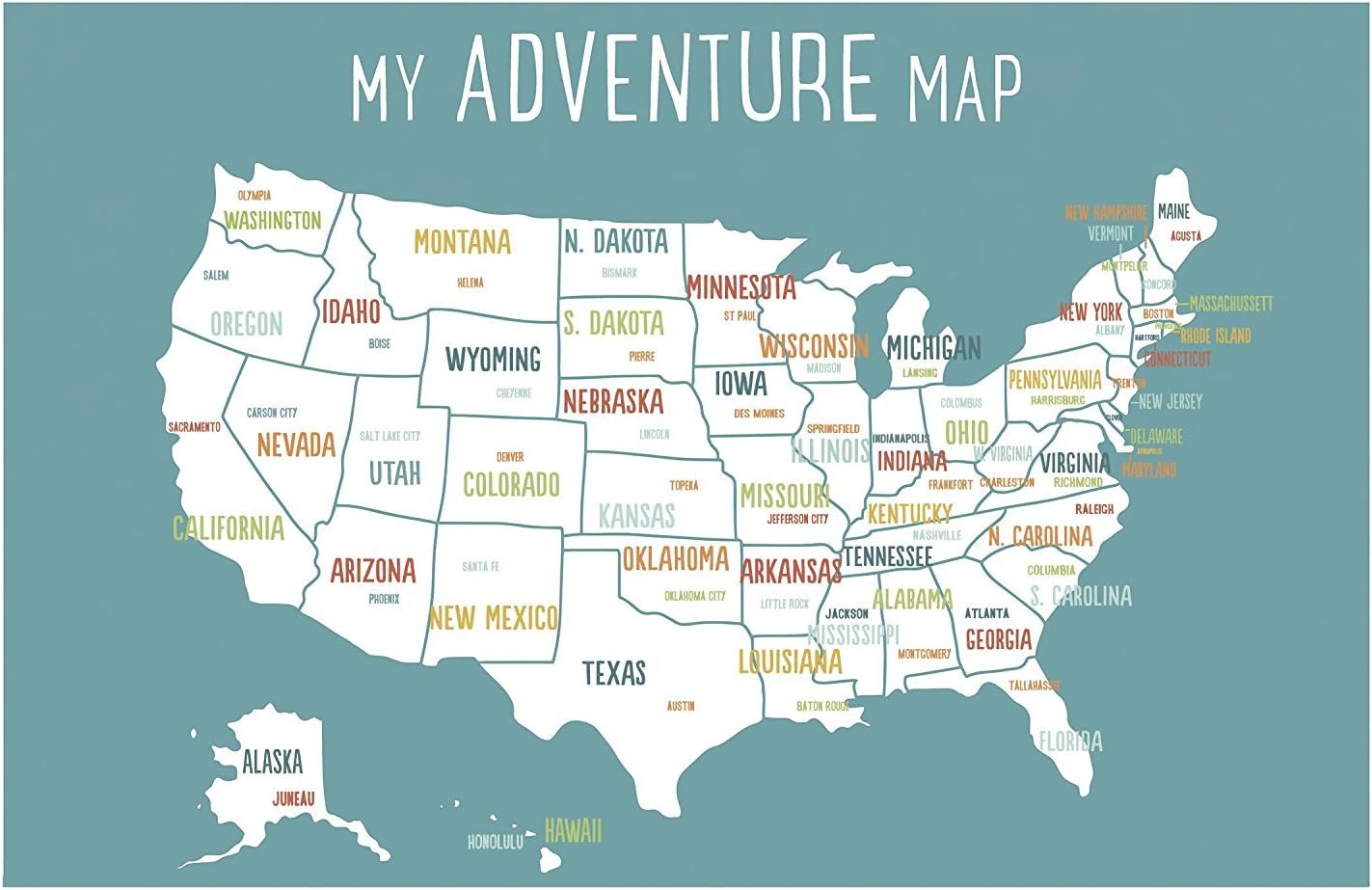 USA Adventure Wall Map Art Print, 11x14 Inch, Blue, Kid's Room Decor, Gender Neutral Nursery