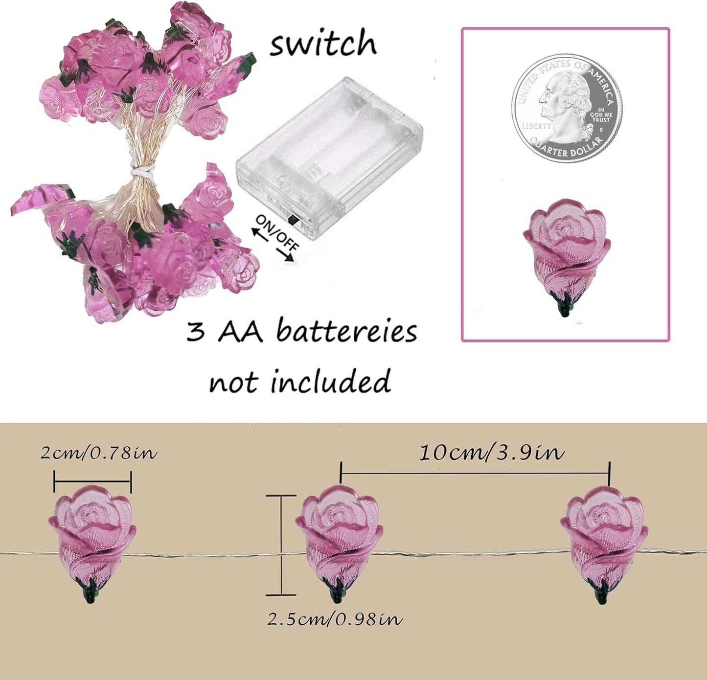 13FT 40LED Pink Rose Flower String Lights, Battery Operated Fairy Light Romantic Valentine's Day Decor, Decorative