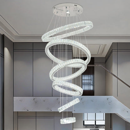 Finktonglan 6-Ring Crystal LED Chandelier, Cool White 6000K Modern Pendant Light, Adjustable Height up to 118", K9 Stainless Rings (Ø7.9–27.6"), Non-Dimmable for Foyer Stair Living Room