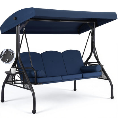 WINVO 3-Seat Outdoor Porch Swing with Adjustable Canopy, 2 in 1 Convertible Patio Swing Bed, Patio Glider Swing for Adult, with Cup Holder and Pillow for Backyard, Blue