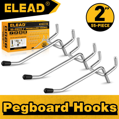 ELEAD 55-Piece 2 Inch Pegboard Hooks, Heavy Duty Peg Board Organizer Accessories, Peg Board Tool Hangers Fit for 1/4" and 1/8" Pegboard Hanging Tools Garage, Workshop, and Craft Storage