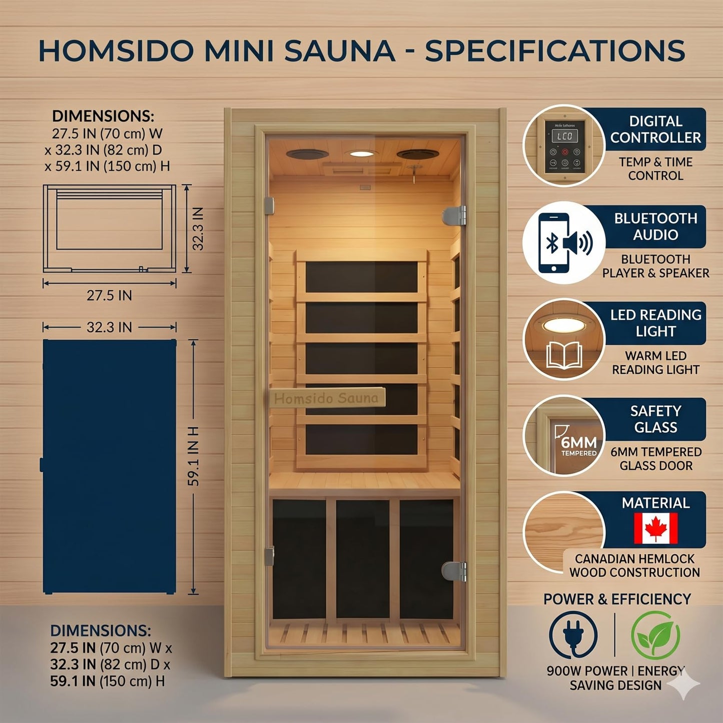 1-Person Home Sauna, 32.3IN x 27.2IN x 59IN Mini Canadian Hemlock Wood Far Infrared Sauna with 5 Low-EMF Carbon Heaters (60-140°F), 110V/900W, Bluetooth Speaker, Quick 30-Min Setup, Fits Any Room