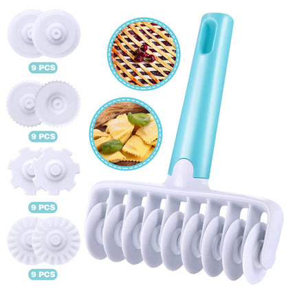 Pastry Dough Lattice Cutter Wheel Roller Fondant Ribbon Cutter with 4 Different Gears Embosser Set Household Time-Saver Baking Pastry Tools for Dough Cookie Pie Pizza Bread Pastry
