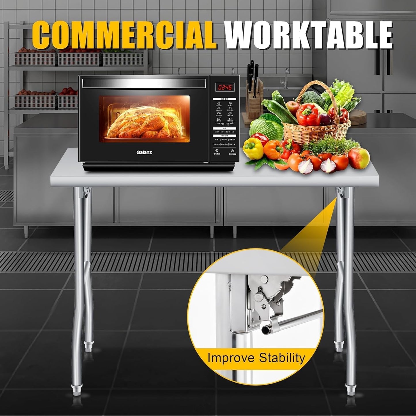 EliteEdge 48x30 in Folding Stainless Steel Table, 600 LB Capacity, Portable Metal Prep Workbench, No Assembly Required, for Kitchen, Laundry, Restaurant, Camping, Bar, Garage, Heavy Duty