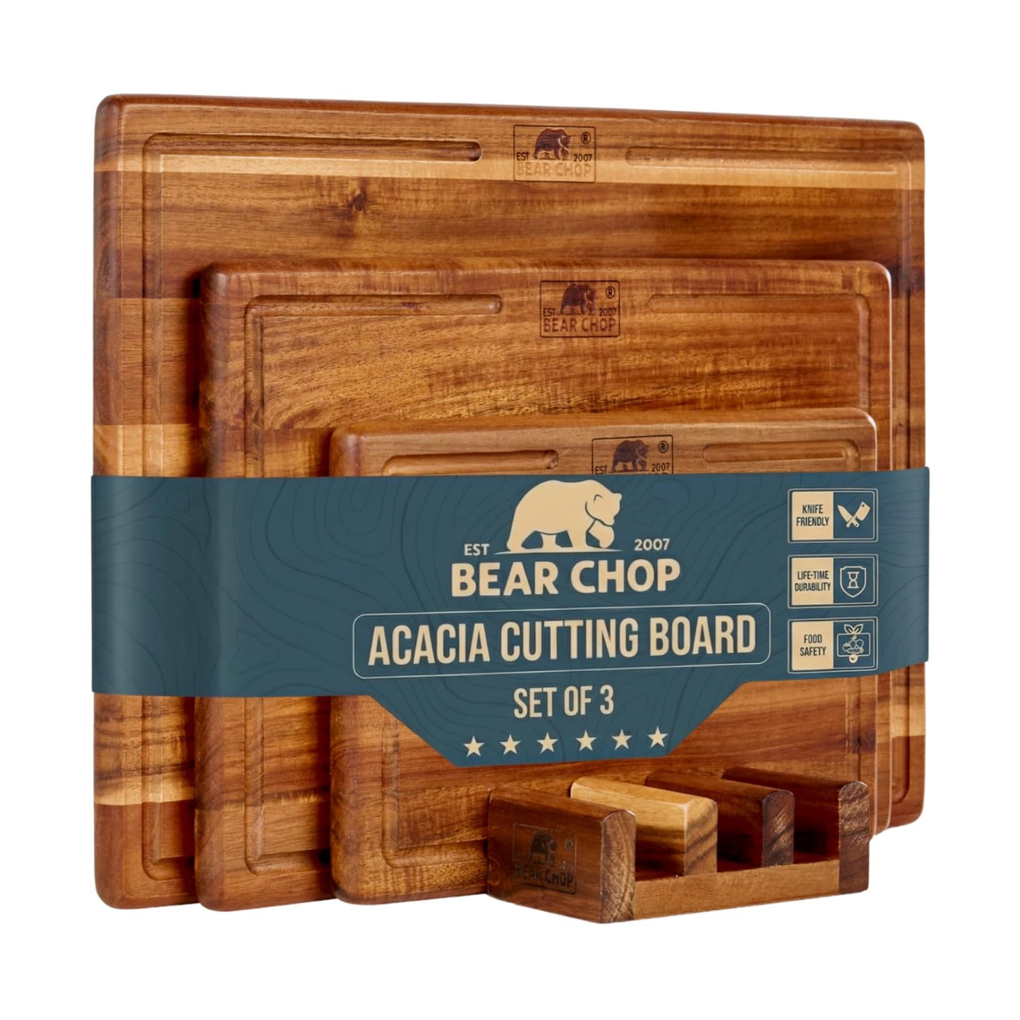 Bearchop Acacia Wood Cutting Board Set of 3 with Storage Stand, Reversible Wooden Cutting Boards for Kitchen with Deep Juice Grooves, Premium Wood Cutting Board Set for Prep, Serving & Gifting