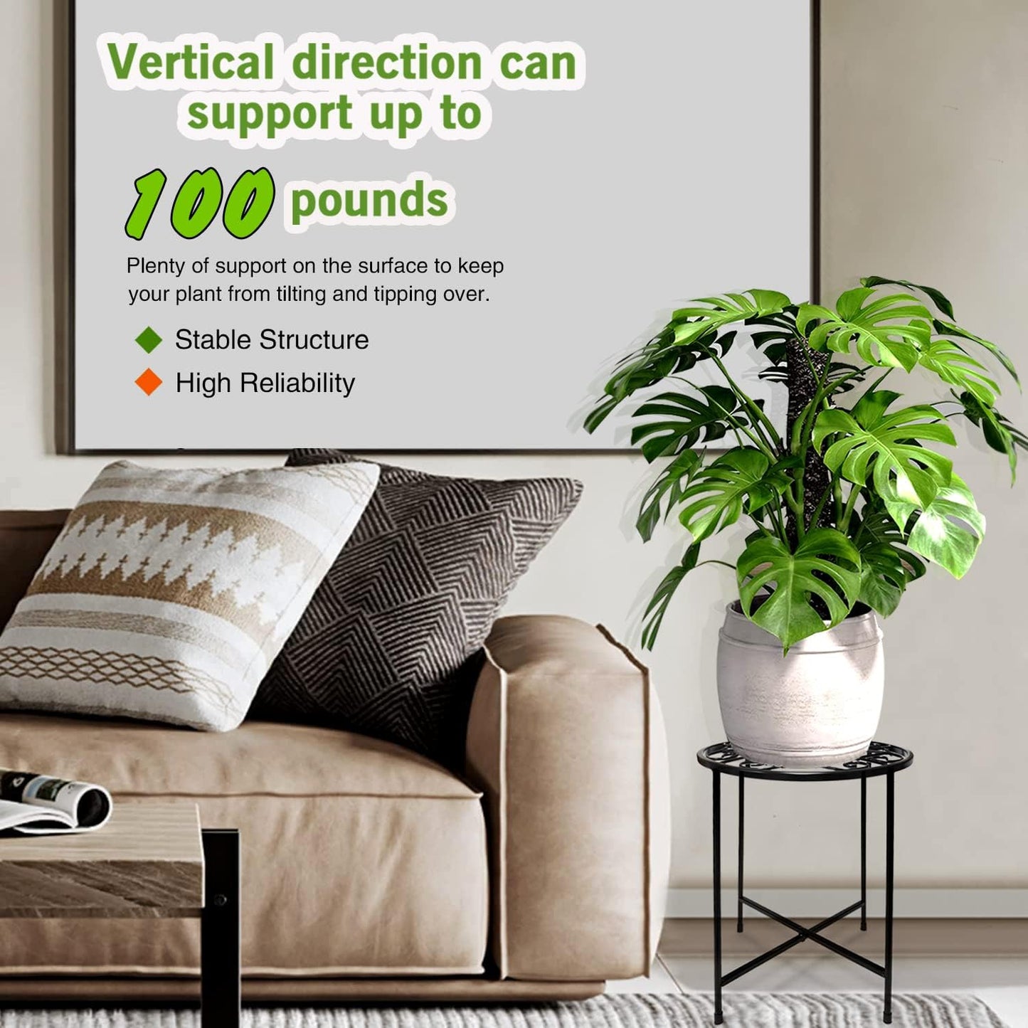 Aonagi 15" 2 Pack 11" 100lbs, Tall Metal Plant Stand, Wide Round Plant Stand for Flower Pots Up to Rustproof Iron Plant