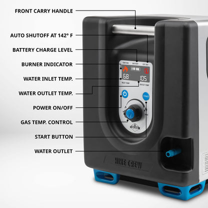 Hike Crew Portable Propane Water Heater & Shower Pump w/Built-in Battery | Compact Outdoor Cleaning & Showering System w/LCD, Safety Shutoff & Carry Case, Instant Hot Water for Camping & Hiking
