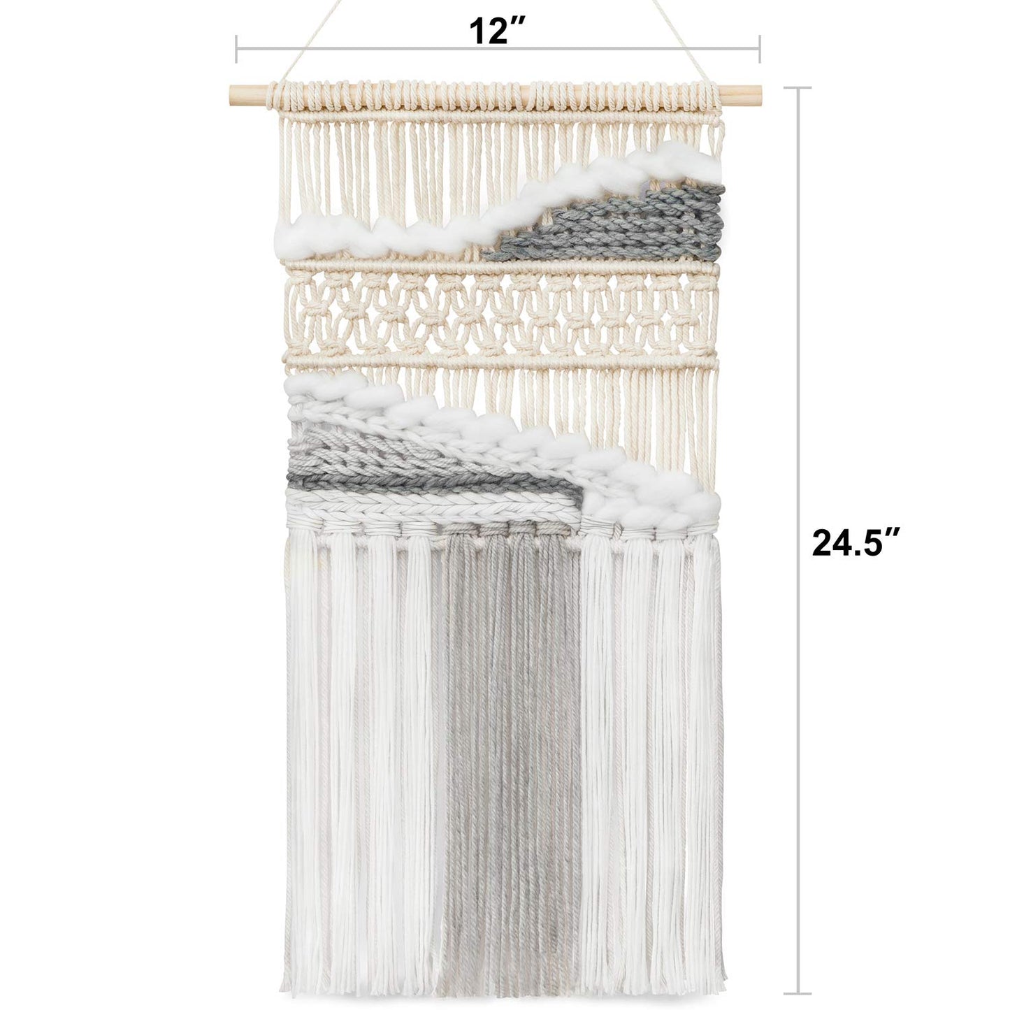 Mkono Macrame Wall Hanging Woven Boho Decor Gray Yarn Fringe Tassel Handmade Home Decoration for Bedroom Living Room Dorm Nursery Apartment, 12''W x 24.5''L