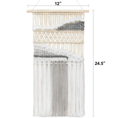Mkono Macrame Wall Hanging Woven Boho Decor Gray Yarn Fringe Tassel Handmade Home Decoration for Bedroom Living Room Dorm Nursery Apartment, 12''W x 24.5''L