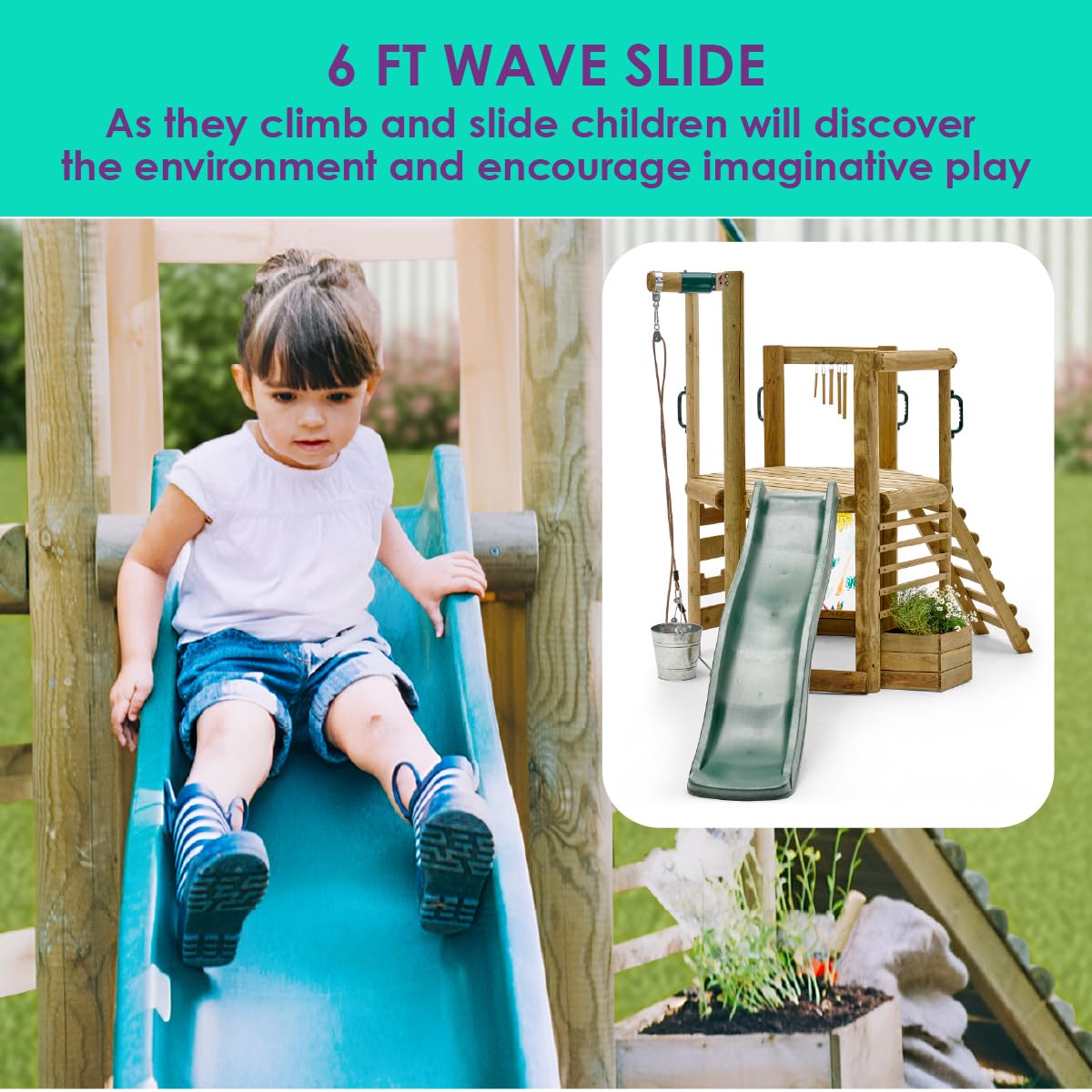 Plum Discovery Wooden Outdoor Playset, Toddler Slide, Playground Sets For Backyards, Kids Yard Play Equipment with Painting Easel, Bucket, Built-In Planter Box, Climbing Wall, Weatherproof, Age 3+ Yrs