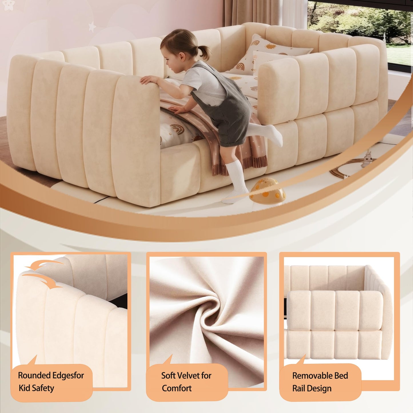 Merax Upholstered Floor Daybed with Removable Guardrails, Compatible with Standard US mattresses, Safety Bed with High Headboard & Footboard, Beige