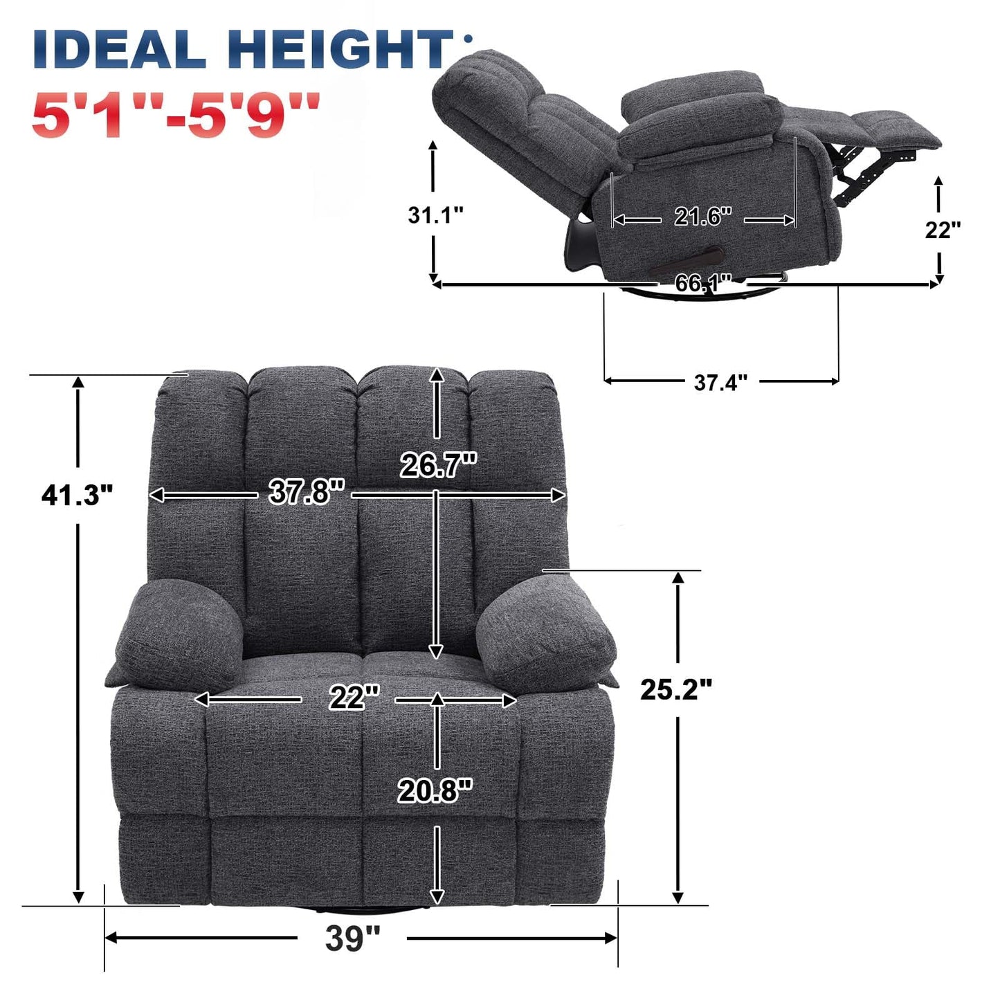 Eiayeebil Oversized Swivel Rocker Recliner Chair Set of 2 for Adult, Rock Recliner for Big Man, Extra Wide Manual Recliners, Overstuffed Soft Rocking Sofa Chair,Light Grey
