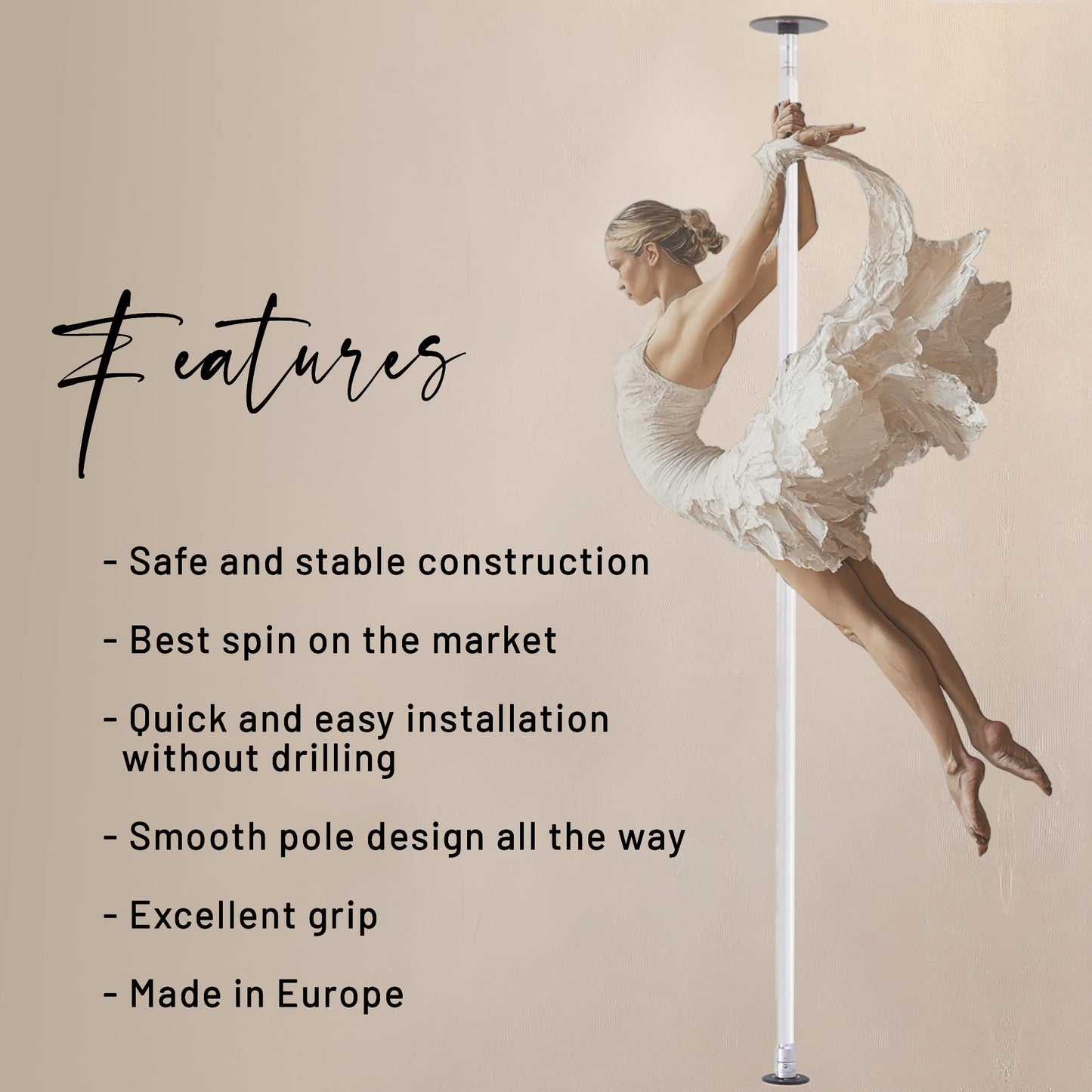 LUPIT POLE Classic G2 Quick Lock - Portable Dance Pole for Home - Spinning & Static Mode - Professional Pole Dancing Pole for Apartment, Club & More - Easy Installation - No Drilling (White, 45 mm)