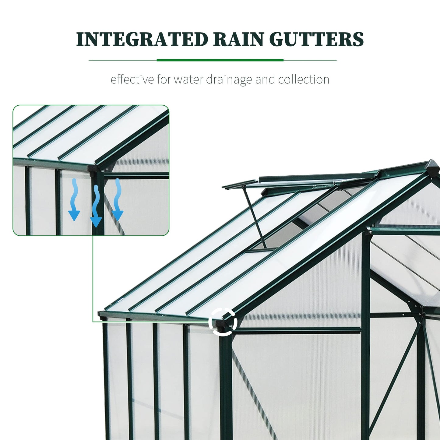 Outsunny 6' x 8' Greenhouse for Outdoors, Polycarbonate Greenhouse with Rain Gutter and Roof Vent, Aluminum Walk-in Green Houses with Push Door for Outside for Patio Backyard Garden, Dark Green