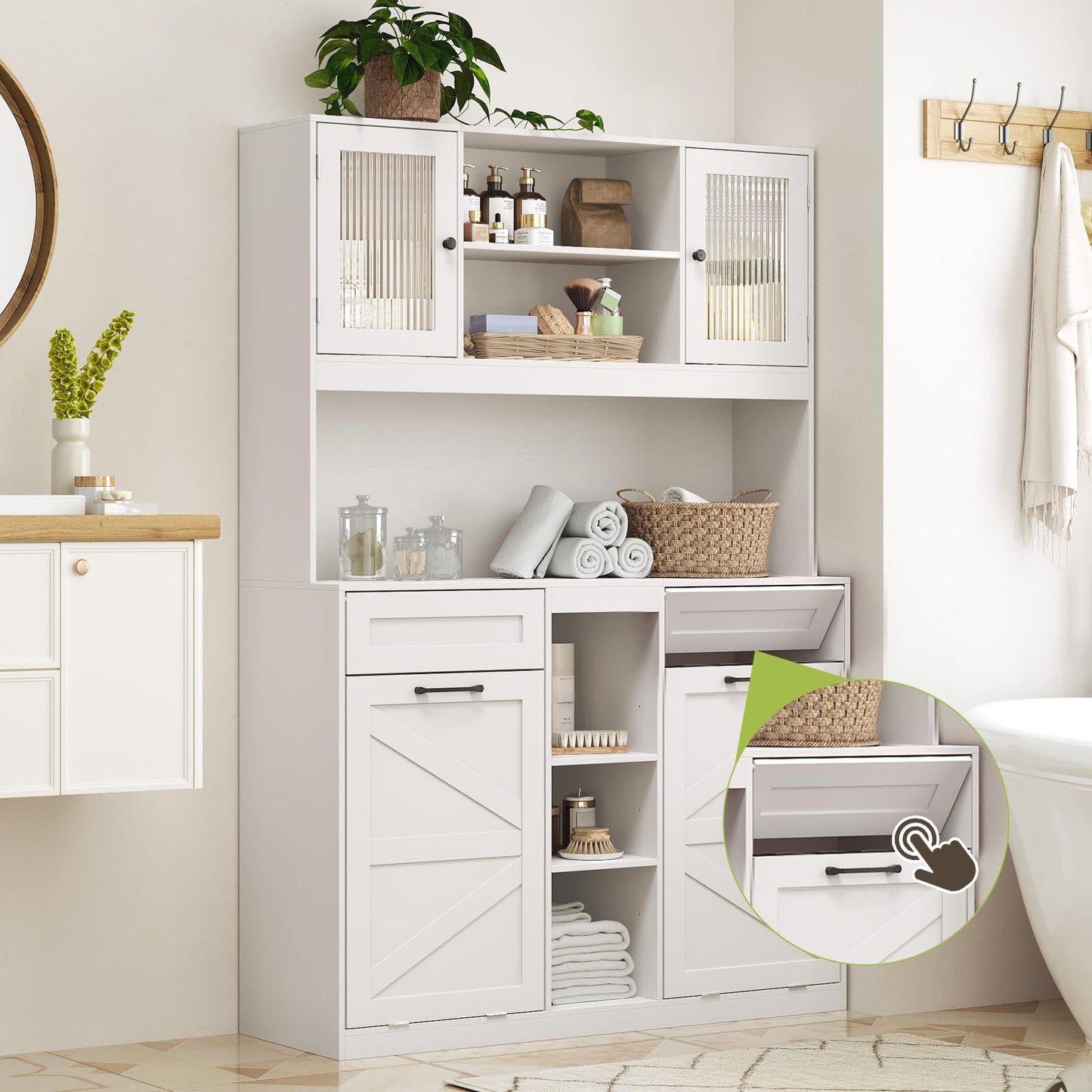 STHYTON Tall Tilt-Out Double Laundry Hamper Cabinet with 2x11-Gallon Hidden Laundry Basket, Tilt Out Trash Bin Cabinet with Fluted Glass Doors, Farmhouse Wooden Bathroom Storage with Push Doors, White