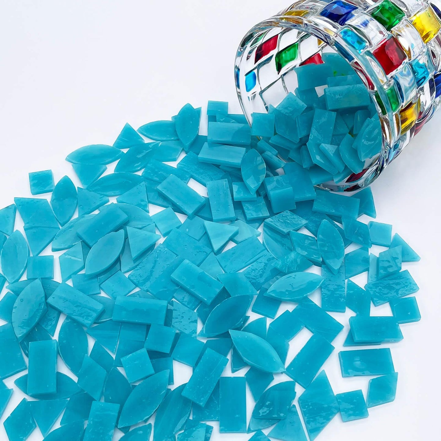 LITMIND Teal Blue Stained Glass Mosaic Tiles - 240 Pieces in 5 Shapes (Rectangle, Triangle, Rhombus, Square, Leaf) Mixed Sizes for Crafts, Mosaic Projects & Home Décor