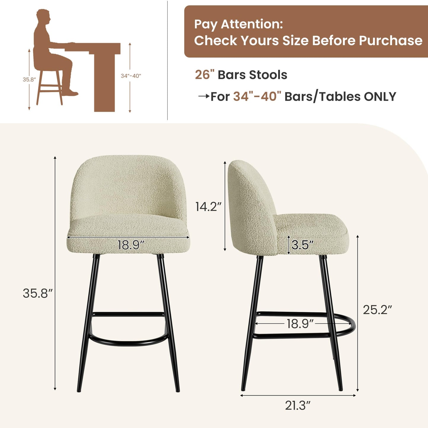 IDEALHOUSE Counter Height Bar Stools Set of 4, 26" Modern Upholstered Barstools with Backs and Metal Legs, Faux Sherpa High Chairs with Arc Metal Footrest for Kitchen Island, Beige