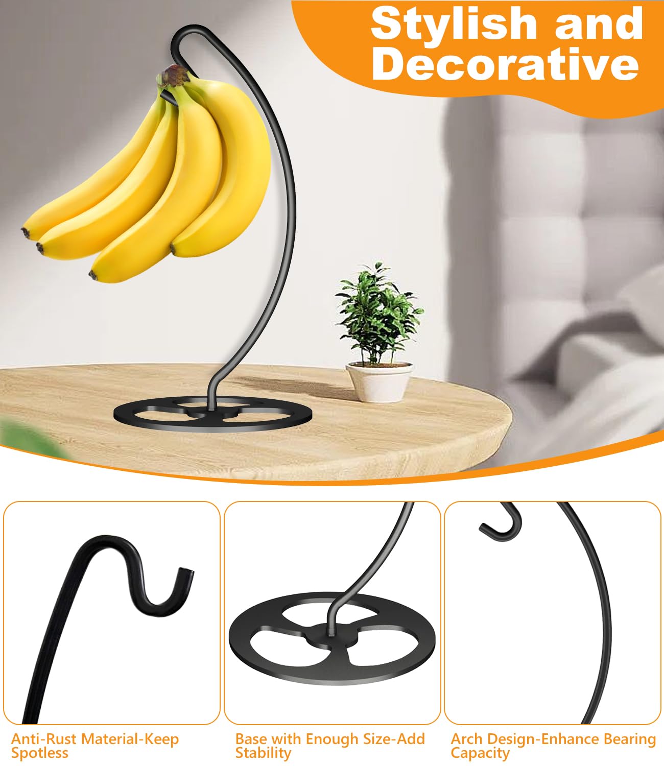 Bliocefo Banana Holder Metal Hanger Rack Stand Tree Keeper Modern Hook with Metal Base Storage and Display of Fruit for Home Kitchen Countertop Easy to Take Anywhere Doesn't Tip Over (Black.)