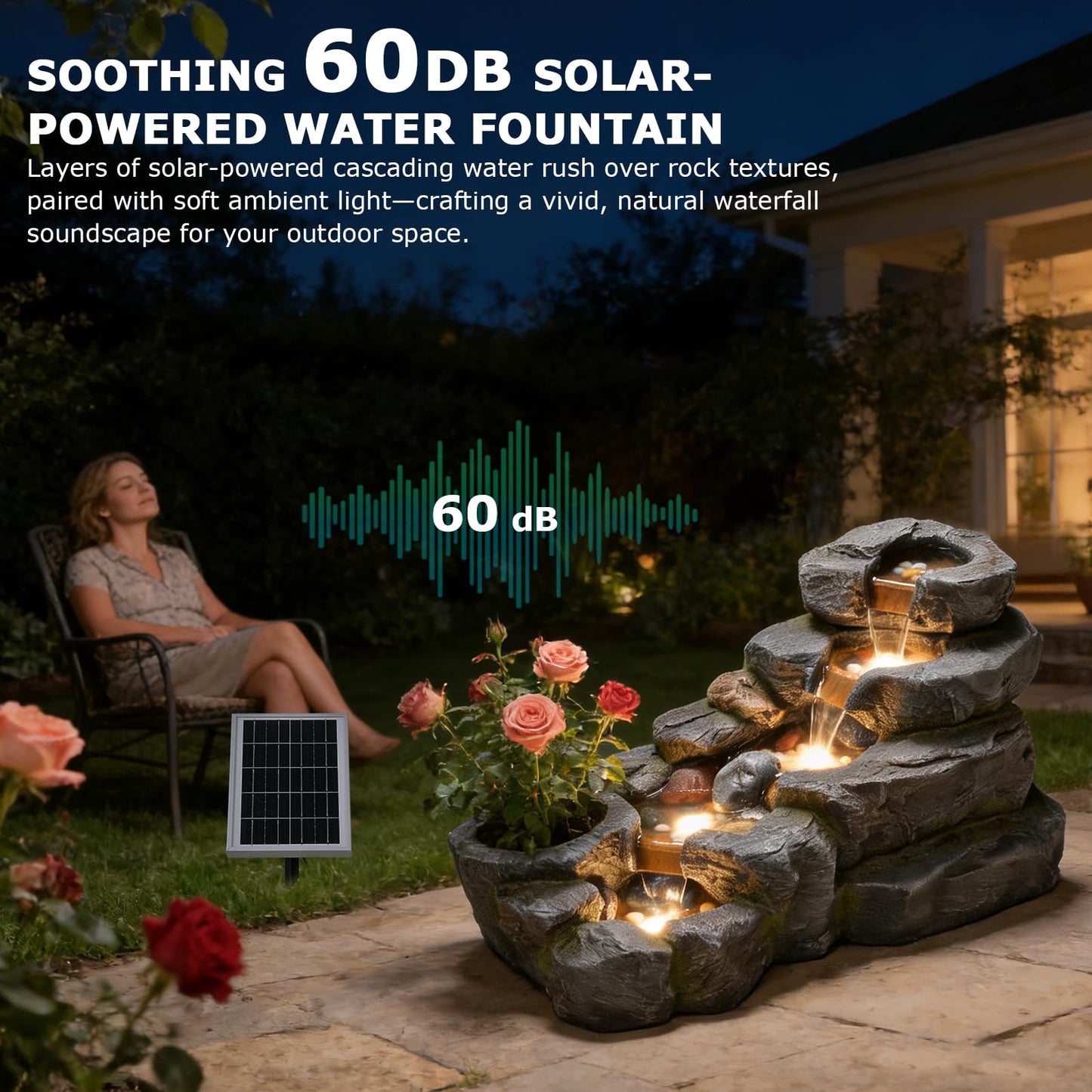 Pivotify 5-Tier Solar Water Fountain Outdoor, 38.2" L Rock Waterfall Fountains Solar Powered Floor Standing Outdoor Water Feature with LED Lights for Patio, Garden,Porch, Yard, Home Art Decor（Grey）