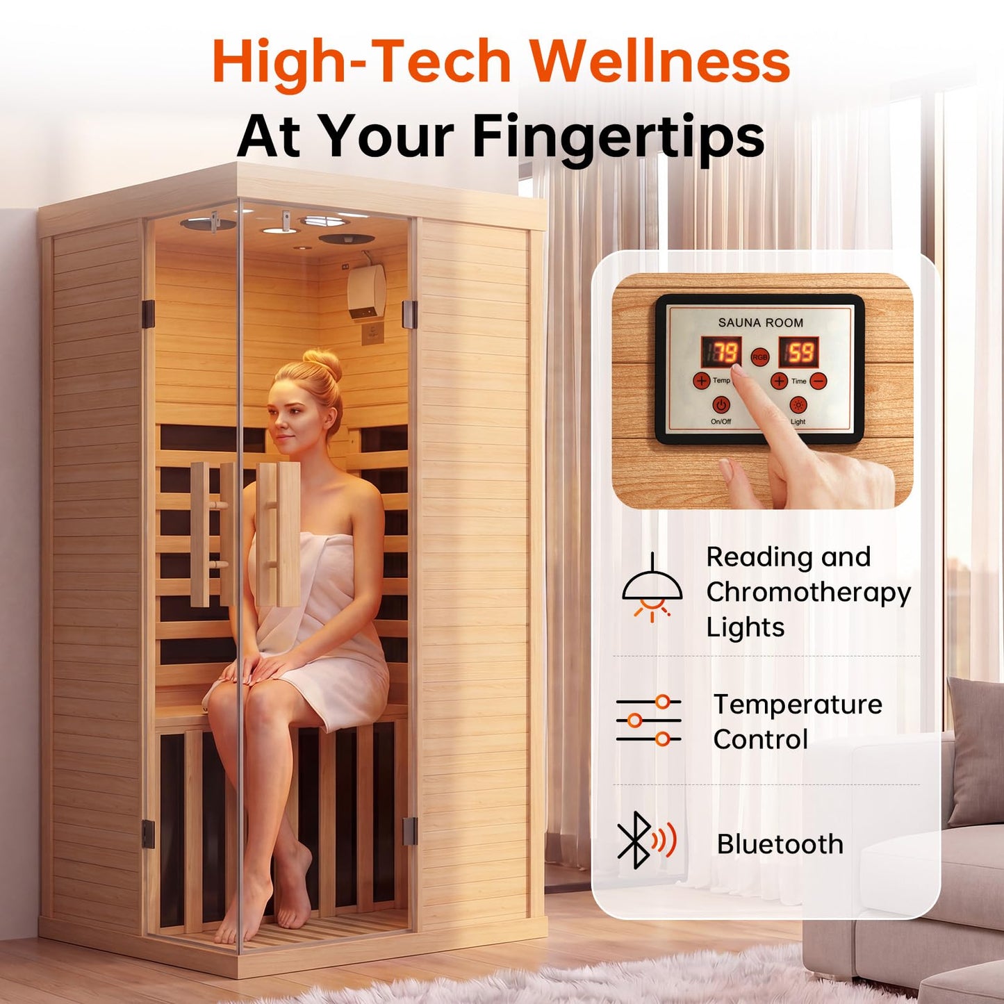 Infrared Sauna for Home, Sauna Spa Room Canadian Hemlock Wood with 10-Color Light , Bluetooth Speakers, Tempered Glass & Control Panel - 149℉ Heating, Indoor Dry & Steam Sauna – 33.5" x 33.5" x 67"