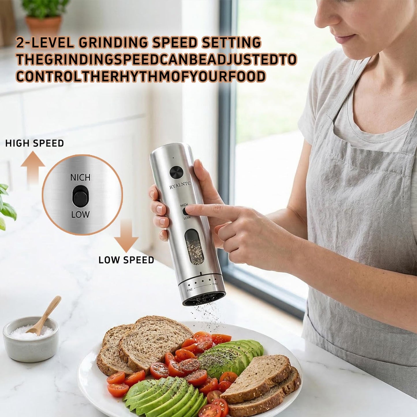 RYALNTC Electric Salt and Pepper Grinder Set with Rechargeable Base Upgraded Stainless Steel Automatic Salt and Pepper Shakers,Upgraded 2-Speed Setting,External 6 Adjustable Coarseness with LED Light