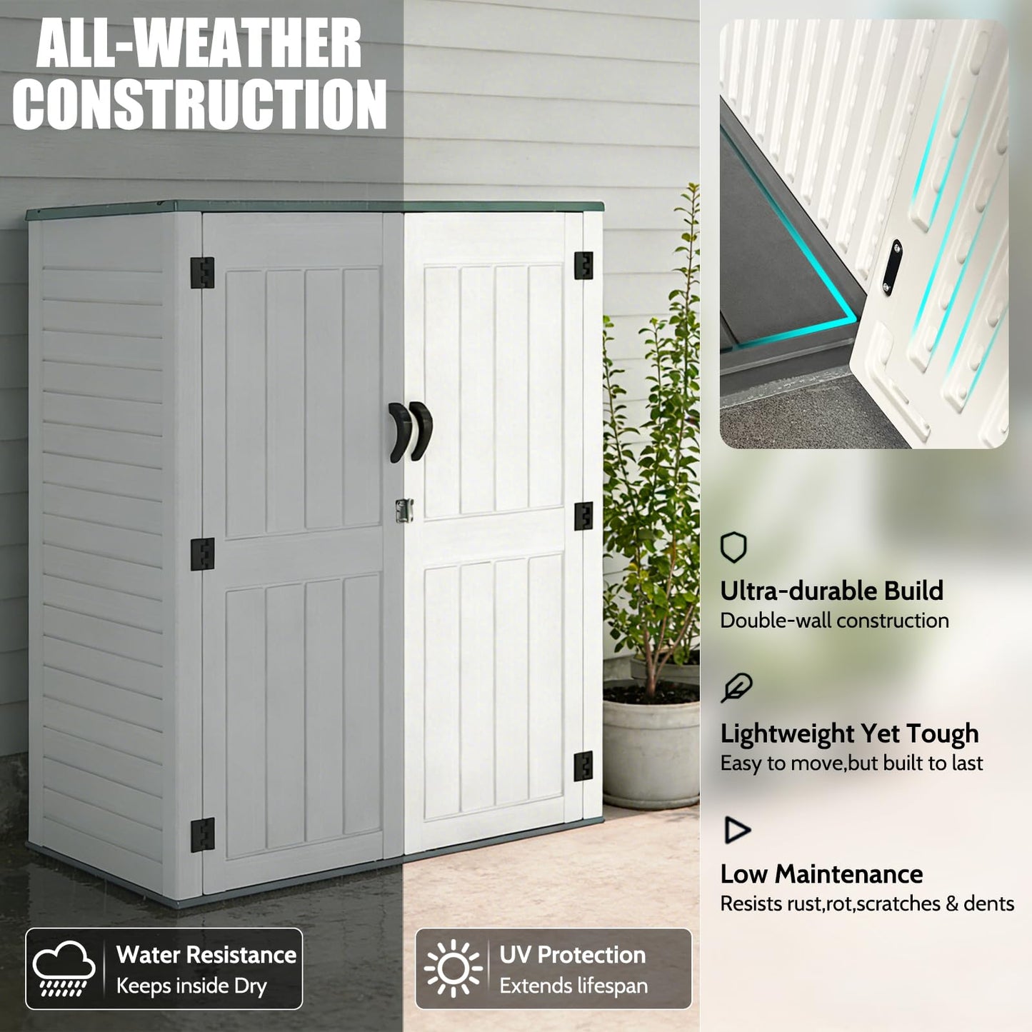 EHHLY Vertical Resin Storage Shed, 60 Cuft Garden Tool Sheds & Outdoor Storage, Plastic Outdoor Storage Cabinet Waterproof, 4.5 x 2.3 ft Backyard Outside Lawn Mower Storage Shed, Light Grey