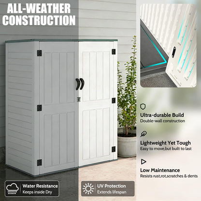 EHHLY Vertical Resin Storage Shed, 60 Cuft Garden Tool Sheds & Outdoor Storage, Plastic Outdoor Storage Cabinet Waterproof, 4.5 x 2.3 ft Backyard Outside Lawn Mower Storage Shed, Light Grey