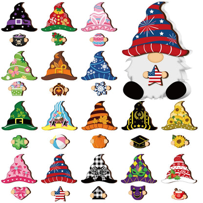 Qunclay 33 Pcs Interchangeable Wooden Gnome Decor Summer 4th of July Patriotic Tiered Tray Decor Set with Magnet and Detachable Hats Holiday Table Centerpieces for Home(Stylish)