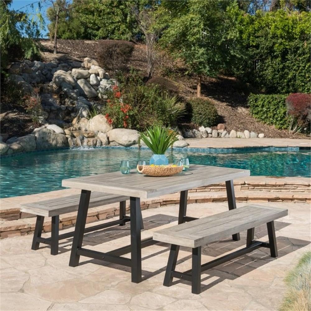 GDFStudio Cassie Outdoor Modern Industrial 3 Piece Acacia Wood Picnic Dining Set with Benches, Sandblasted Light Gray and Black Rustic Metal