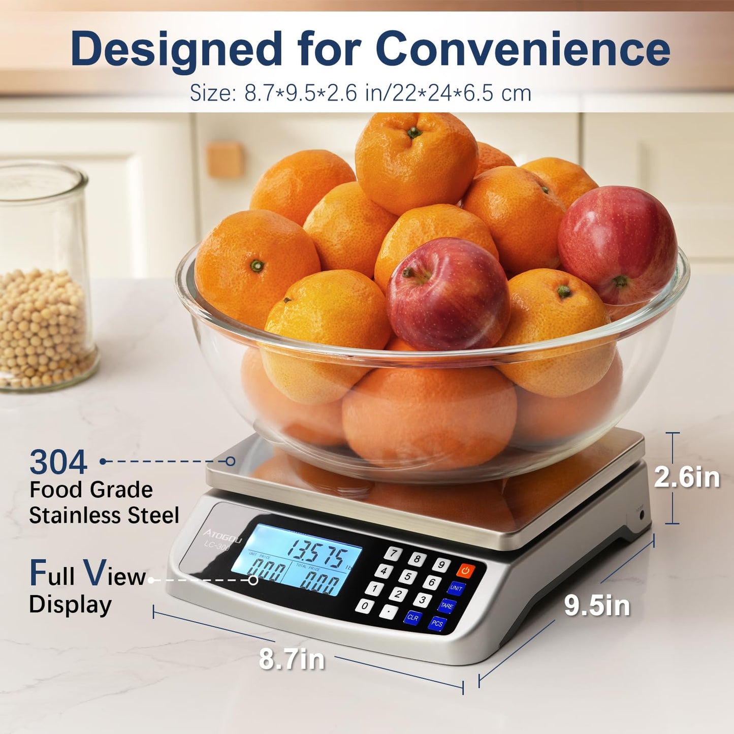 Atogou 66lb Food Scale, Commercial Kitchen Scale with Price Computing, Plug-in Usable, 0.05oz/1g, 304 Stainless Steel, for Cooking, Vegetables, Farm, Industry, Counting. LC300 Silver