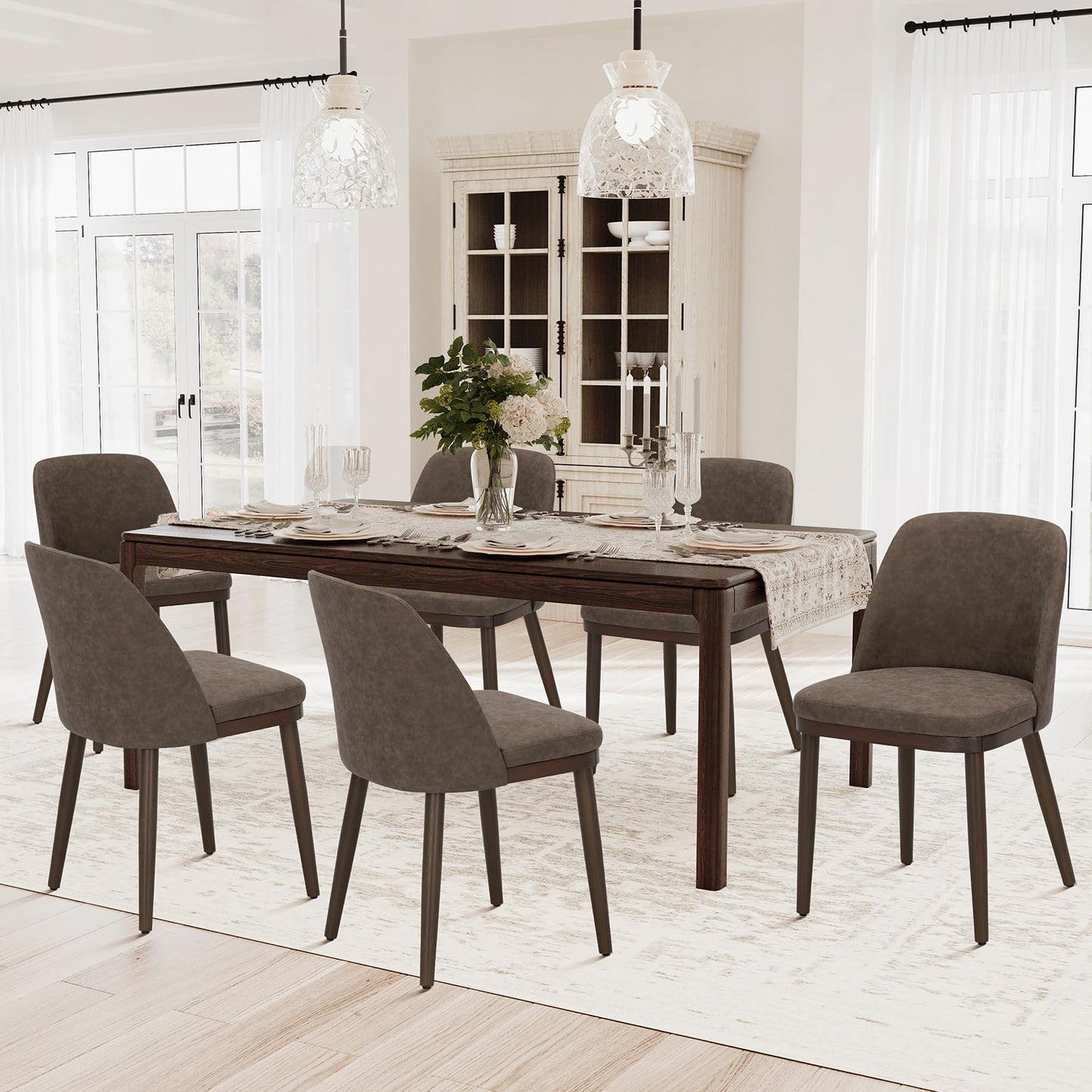 COLAMY Upholstered Dining Chairs Set of 6, Modern Kitchen Chairs with Back, Leather Side Dining Room Chairs with Wood Legs for Kitchen Dining Room Restaurant, Dark Brown